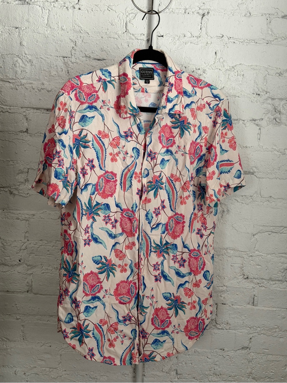 GUESS Men's Floral Pink & Blue Short Sleeve Eco Rayon Shirt